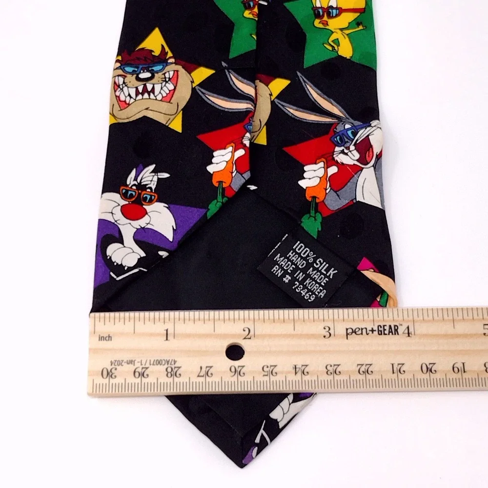 Vintage 1994 Looney Tunes Mania Silk Tie Bugs Bunny Daffy Duck Taz‎ Black Mens
